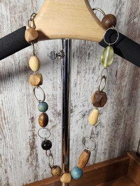 Natural Mixed Wood Bead Necklace Bohemian-Style Silver- Tone Hoops Earthy Vibes